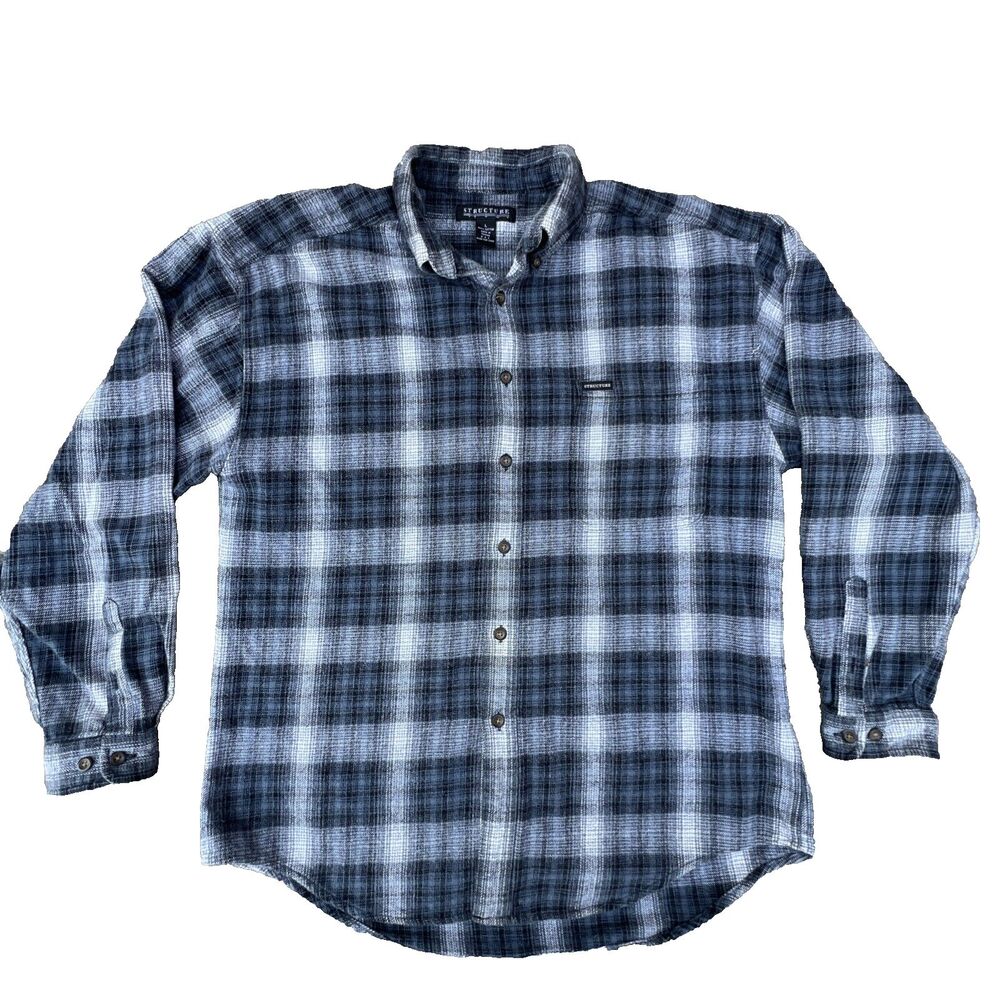 Structure Mens Flannel Long Sleeve Shirt Blue Plaid Button Up Heavyweight Large